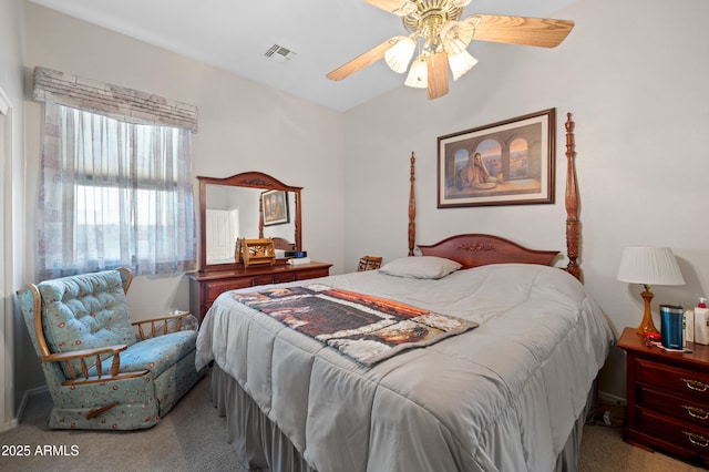 bedroom with visible vents, carpet flooring, and ceiling fan