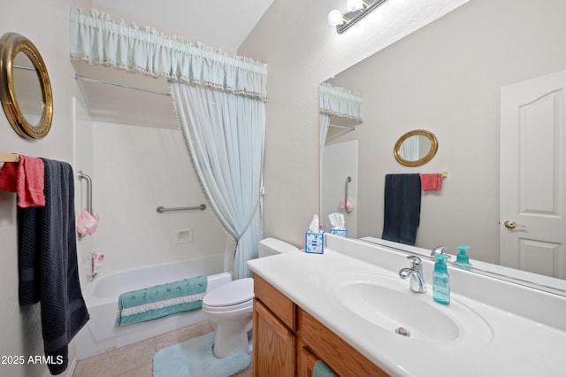 bathroom with tile patterned flooring, shower / bath combo, toilet, and vanity