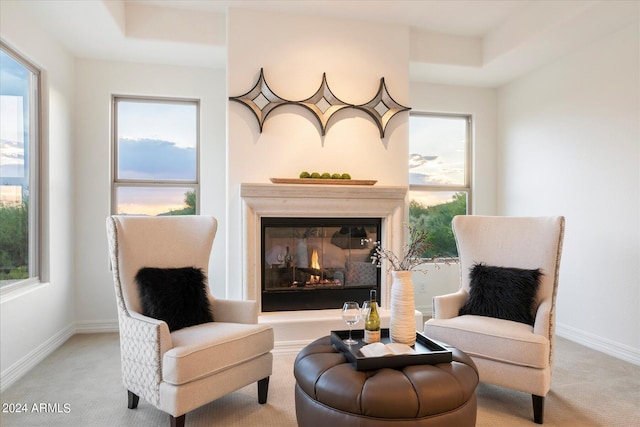 sitting room featuring plenty of natural light, baseboards, and a glass covered fireplace