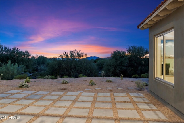 view of patio terrace at dusk