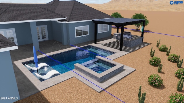 pool featuring an in ground hot tub, french doors, and a patio