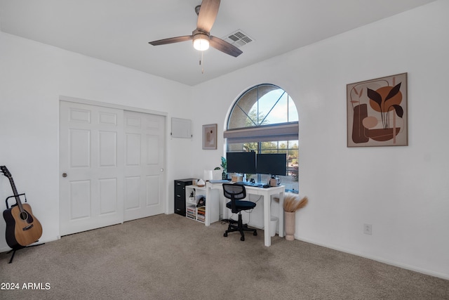 office space featuring carpet flooring and ceiling fan