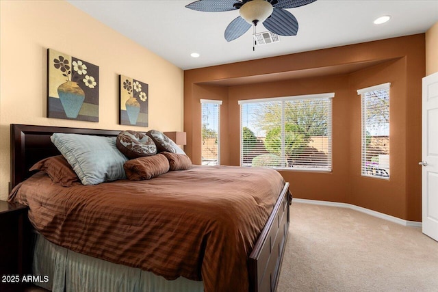 bedroom with recessed lighting, visible vents, baseboards, and light colored carpet