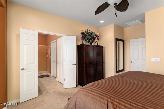 bedroom with light carpet, visible vents, and a ceiling fan