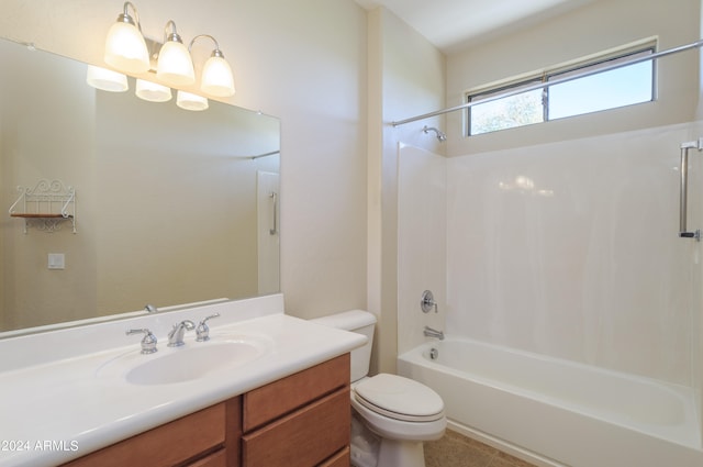 full bathroom featuring shower / bathtub combination, vanity, toilet, and tile patterned floors