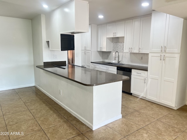 kitchen featuring white cabinetry, dishwasher, sink, and kitchen peninsula