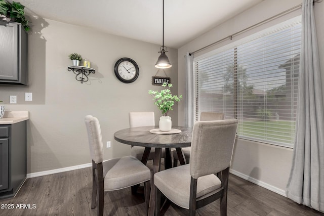 dining area featuring dark wood-style floors and baseboards