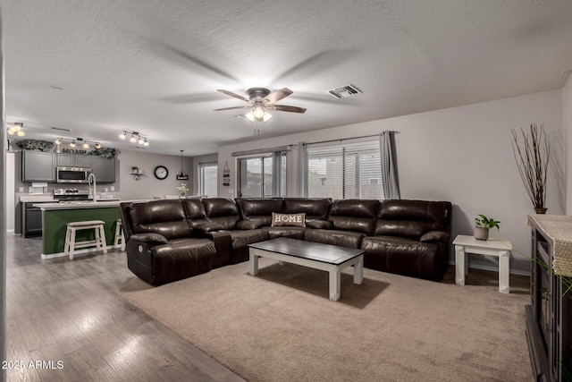 living area with a ceiling fan, wood finished floors, and a textured ceiling