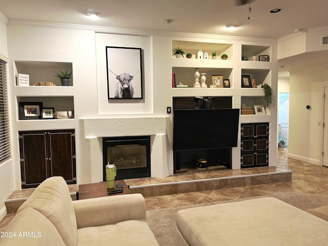 tiled living room with built in features and crown molding