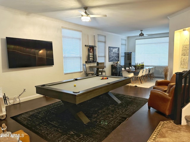 rec room featuring tile patterned floors, ceiling fan, ornamental molding, and pool table