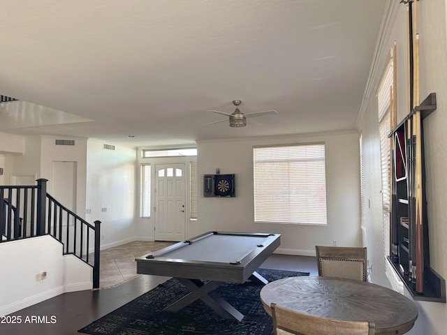 playroom with ceiling fan, light tile patterned floors, ornamental molding, and pool table