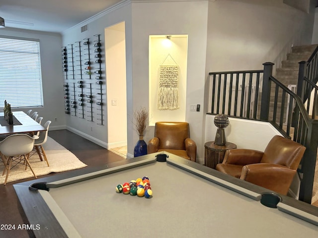 rec room with ornamental molding and billiards