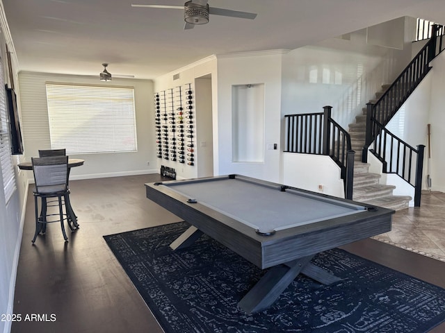 playroom with ceiling fan, ornamental molding, and billiards