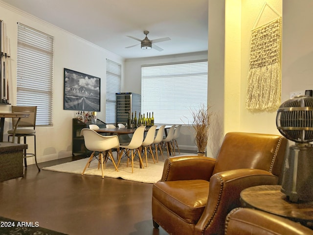 dining space featuring ceiling fan and ornamental molding