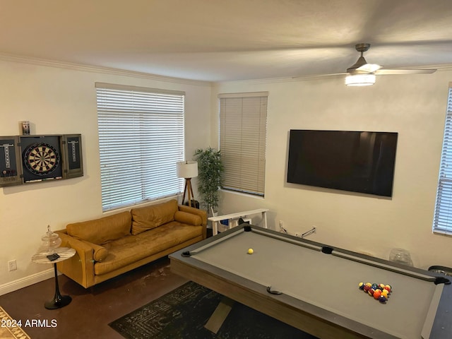 recreation room with crown molding, ceiling fan, and pool table