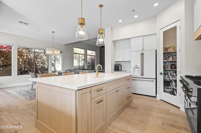 kitchen featuring light stone countertops, an island with sink, decorative backsplash, sink, and high quality appliances