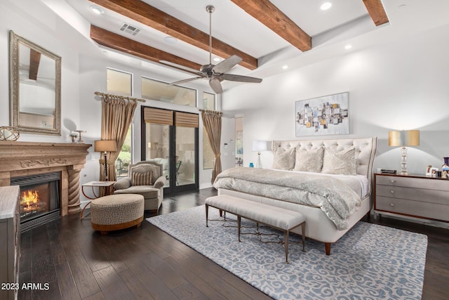 bedroom featuring access to outside, french doors, ceiling fan, beam ceiling, and dark hardwood / wood-style flooring