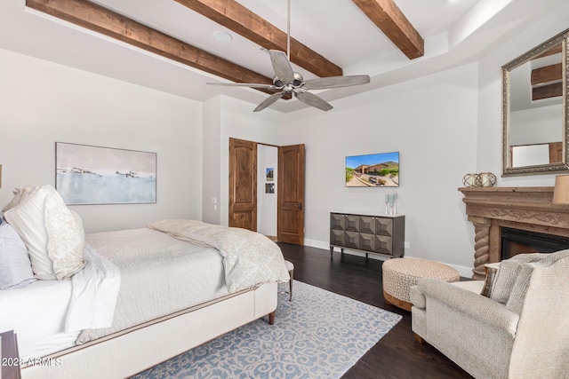 bedroom featuring beamed ceiling, ceiling fan, and dark wood-type flooring