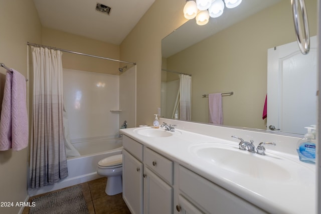 full bathroom with toilet, tile patterned floors, vanity, and shower / tub combo with curtain