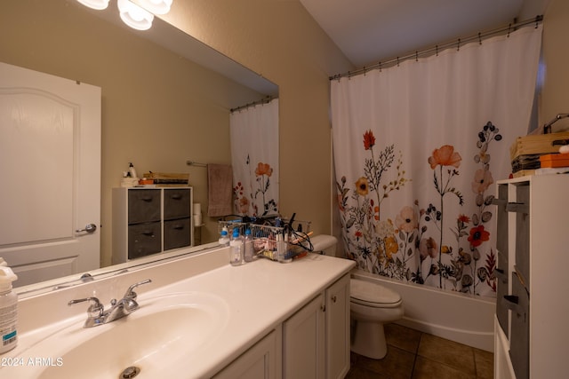 full bathroom with toilet, shower / bath combination with curtain, vanity, and tile patterned floors