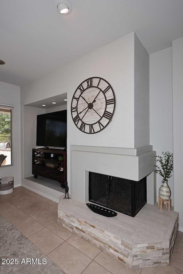 6937 E Purple Shade Cir, Scottsdale, AZ 85266 - living area with tile patterned floors, baseboards, and a brick fireplace