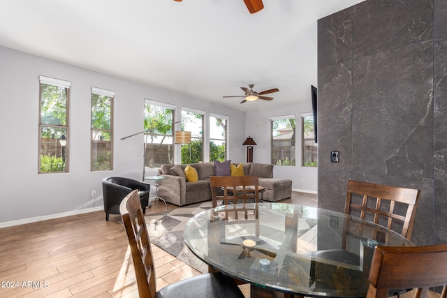 dining room featuring ceiling fan and light hardwood / wood-style flooring