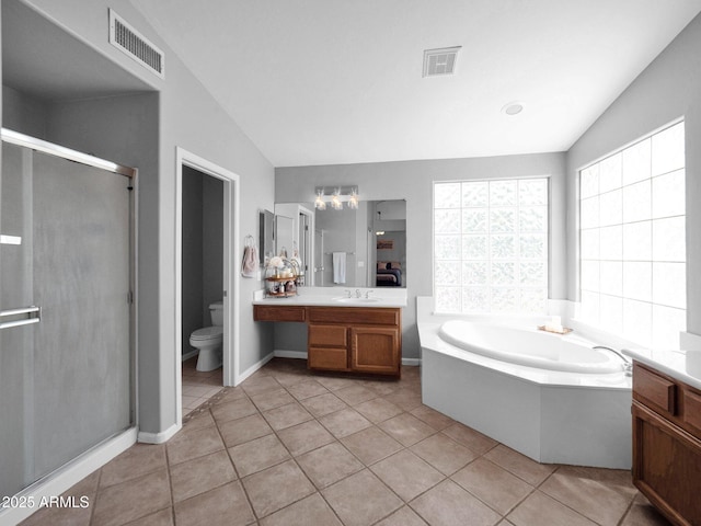 981 N Quail Ln, Gilbert, AZ 85233 - full bath featuring vanity, a bath, a stall shower, tile patterned flooring, and lofted ceiling