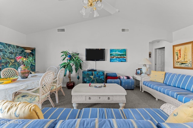 living room with ceiling fan, carpet, and lofted ceiling