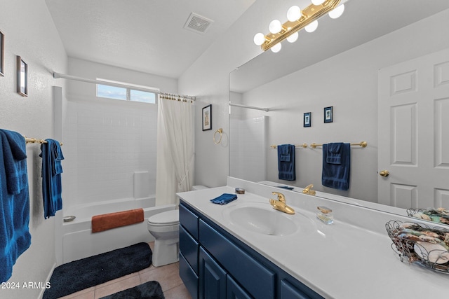 full bathroom with tile patterned floors, vanity, shower / bath combination with curtain, and toilet