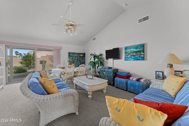 living room featuring carpet flooring, high vaulted ceiling, and ceiling fan