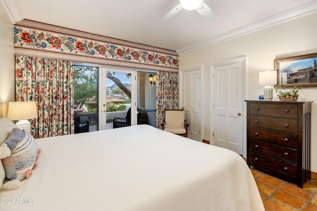 bedroom featuring access to outside, ceiling fan, and crown molding