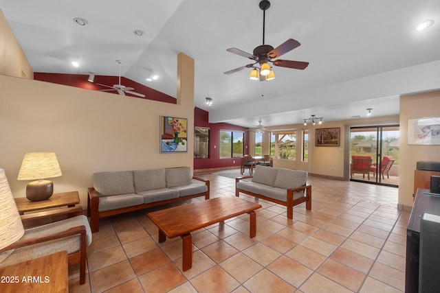 5552 S Feather Bush Ct, Gold Canyon, AZ 85118 - living area with ceiling fan, plenty of natural light, light tile patterned flooring, and vaulted ceiling