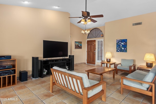 5552 S Feather Bush Ct, Gold Canyon, AZ 85118 - living room with visible vents, lofted ceiling, light tile patterned floors, and ceiling fan with notable chandelier