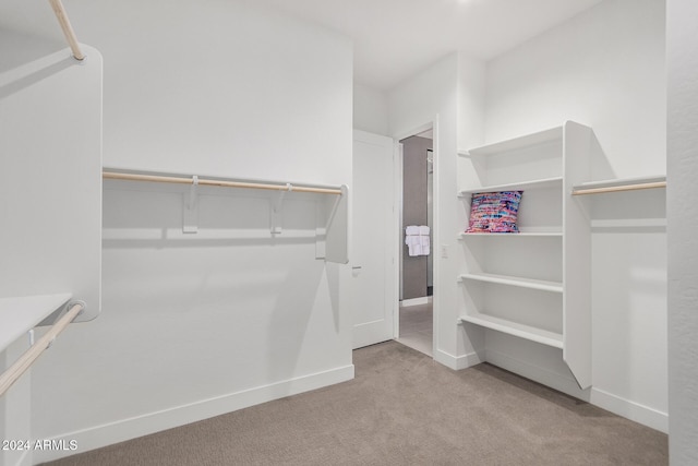 walk in closet featuring light carpet