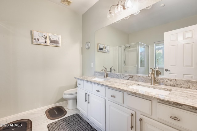 bathroom featuring walk in shower, toilet, tile patterned floors, and vanity