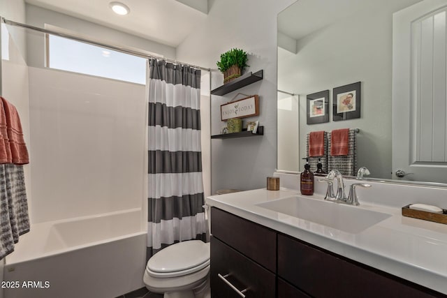 bathroom featuring vanity, toilet, and shower / bathtub combination with curtain