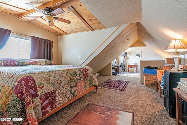 carpeted bedroom featuring lofted ceiling with beams and wooden ceiling