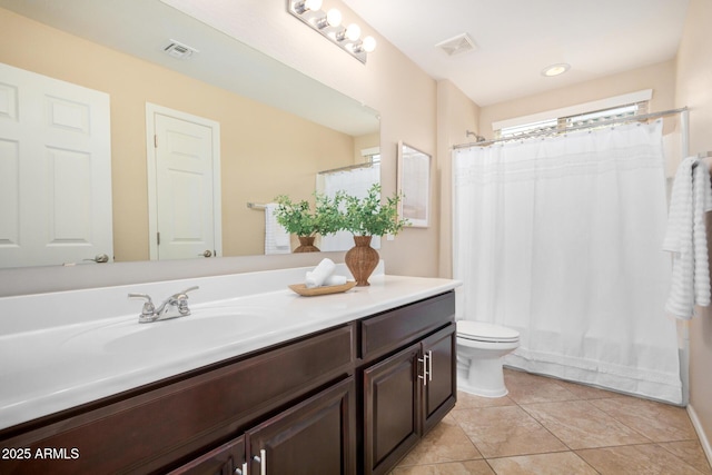 full bath with toilet, tile patterned flooring, vanity, and visible vents