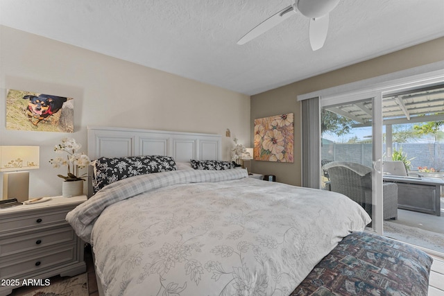 bedroom featuring ceiling fan, a textured ceiling, and access to outside