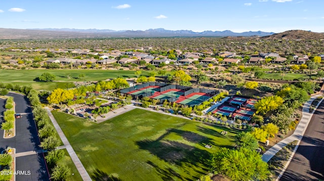 drone / aerial view featuring a mountain view