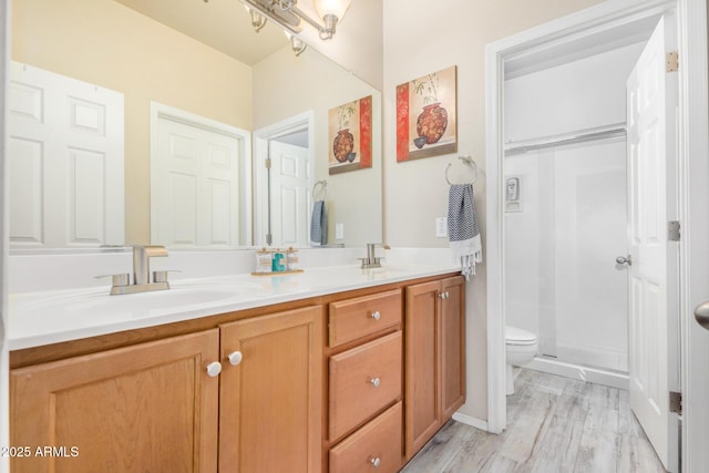 full bath featuring double vanity, a shower stall, toilet, and a sink