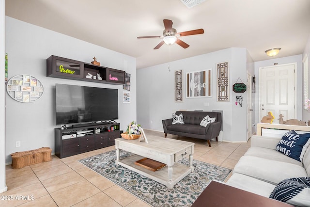 living area with light tile patterned floors, visible vents, baseboards, and a ceiling fan