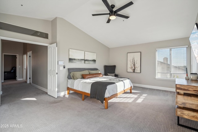 bedroom featuring high vaulted ceiling, carpet flooring, a ceiling fan, and baseboards