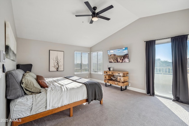 bedroom with light carpet, access to exterior, multiple windows, and lofted ceiling