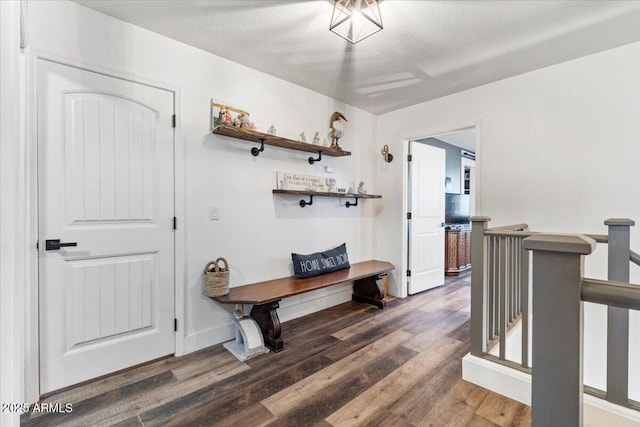 mudroom with dark wood-type flooring and a textured ceiling