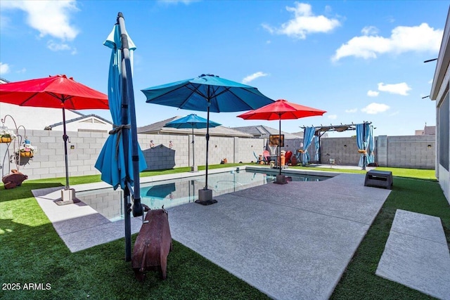 view of patio / terrace with a fenced in pool and a pergola