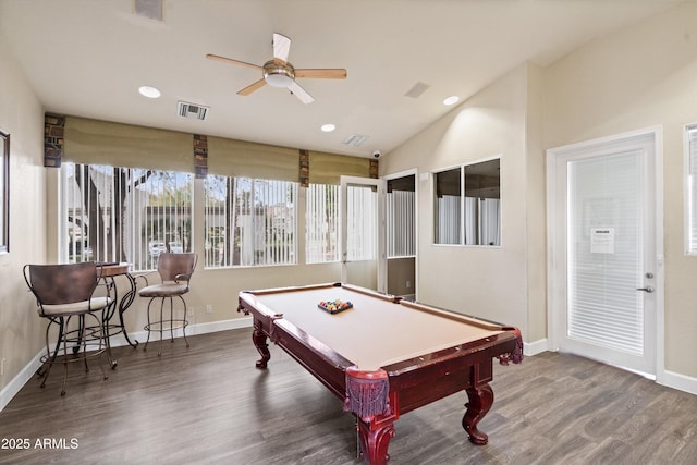 11375 E Sahuaro Dr Unit 2033, Scottsdale, AZ 85259 - recreation room featuring a ceiling fan, wood finished floors, billiards, recessed lighting, and vaulted ceiling