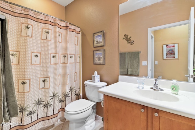 full bath featuring toilet, tile patterned floors, curtained shower, and vanity