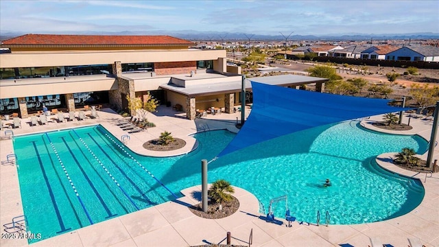 pool featuring a patio and a residential view