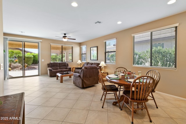 dining area with light tile patterned floors, ceiling fan, recessed lighting, visible vents, and baseboards